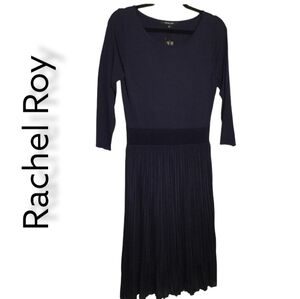 Rachel Roy Pleated Navy Knit Midi Dress with Three Quarter Sleeves | Size: M